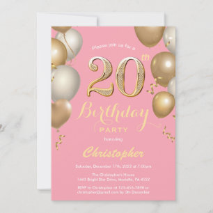 20th Birthday Pink and Gold Balloons Confetti Invitation