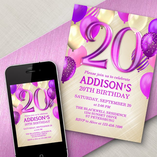 20th Birthday Pink Balloons Invitation (Creator Uploaded)
