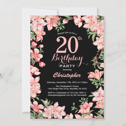 20th Birthday Pink Floral Flowers Black Background