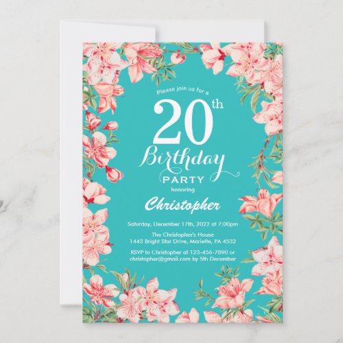 20th Birthday Pink Floral Flowers Teal Background Invitation