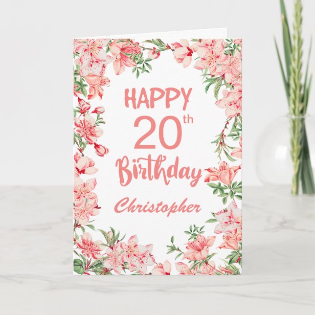 20th Birthday Pink Peach Peonies Watercolor Floral Card (Front)