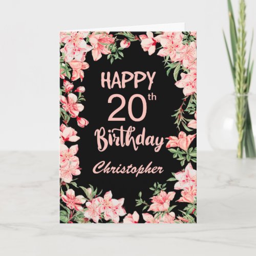 20th Birthday Pink Peach Watercolor Floral Black Card