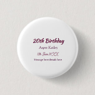 20th birthday pink purple name date message simple button