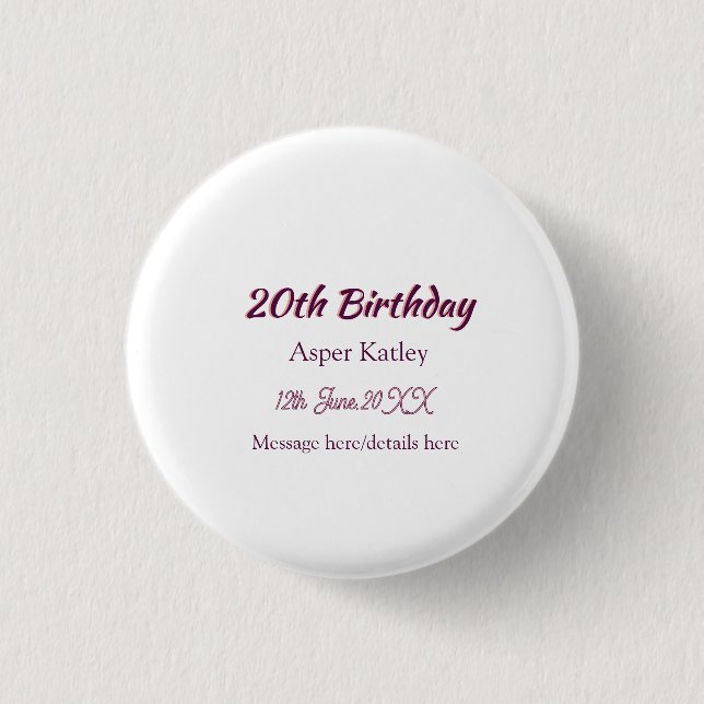 20th birthday pink purple name date message simple button (Front)