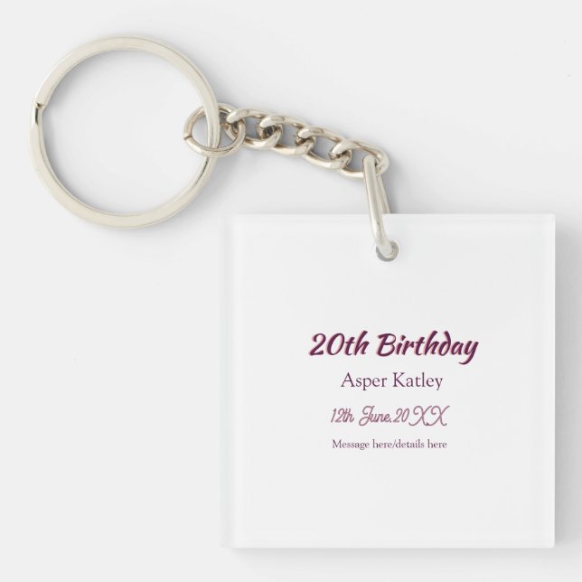 20th birthday pink purple name date message simple keychain (Front)