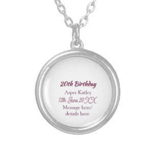 20th birthday pink purple name date message simple silver plated necklace