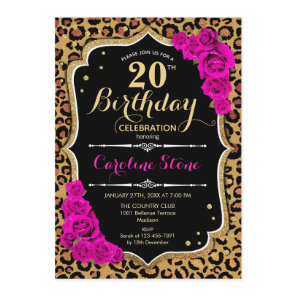 20th Birthday - Pink Roses Leopard Print Invitation