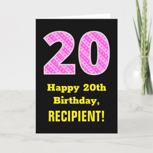 20th Birthday Pink Stripes and Hearts 20  Name Card