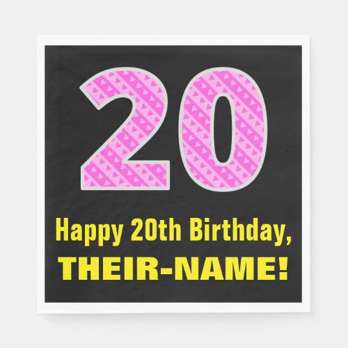 20th Birthday Pink Stripes and Hearts 20  Name Napkins