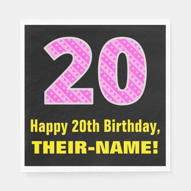 20th Birthday: Pink Stripes and Hearts "20" + Name Napkins (Front)