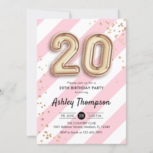 20th Birthday _ Pink Stripes Gold Balloons Invitation