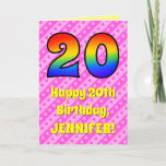 [ Thumbnail: 20th Birthday: Pink Stripes & Hearts, Rainbow # 20 Card ]