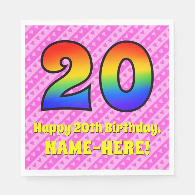 20th Birthday: Pink Stripes & Hearts, Rainbow # 20 Napkins (Front)
