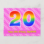 [ Thumbnail: 20th Birthday: Pink Stripes & Hearts, Rainbow 20 Postcard ]
