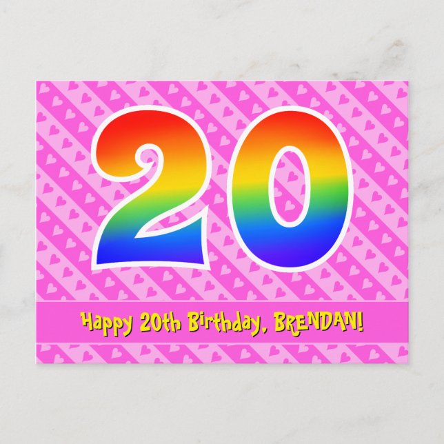20th Birthday: Pink Stripes & Hearts, Rainbow 20 Postcard (Front)