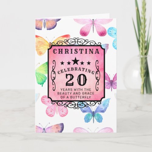 20th Birthday Pink Watercolor Butterfly Greeting Card