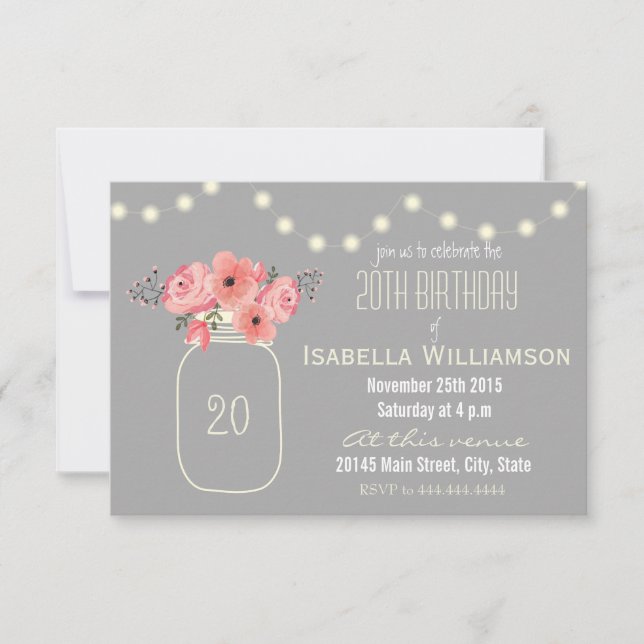 20th Birthday Pink Watercolor Flowers & Mason Jar Invitation (Front)