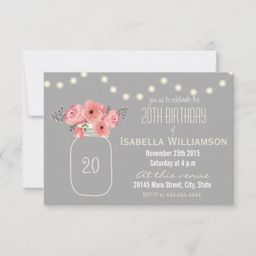 20th Birthday Pink Watercolor Flowers & Mason Jar Invitation - Pink watercolor flowers and mason jar 20th birthday party invite. This sophisticated twentieth birthday party invitation with beautiful pink watercolor flowers in mason jar with sparkling lights is fully customizable. If you have any problems customizing your product, feel free to contact me through my store and I will be happy to help. Please note: all products on Zazzle are flat-printed images.
