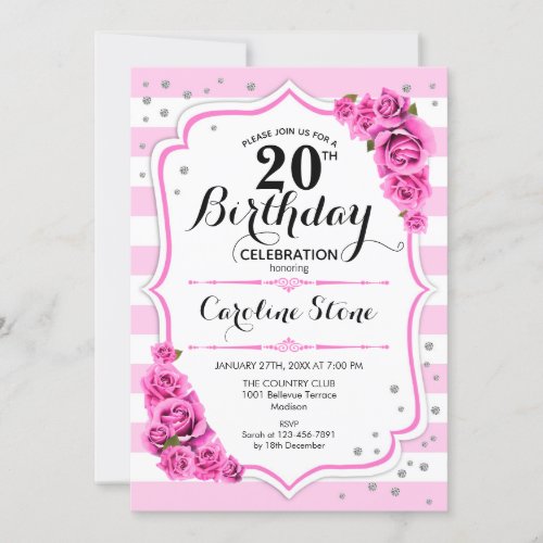 20th Birthday _  Pink White Stripes Roses Invitation