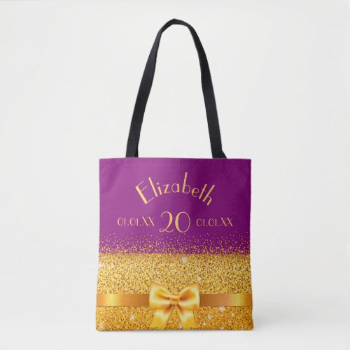 20th birthday purple gold sparkle mame tote bag