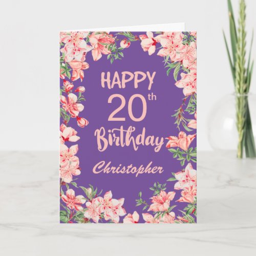 20th Birthday Purple Pink Peach Watercolor Floral Card