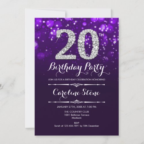 20th Birthday _ Purple Silver Invitation