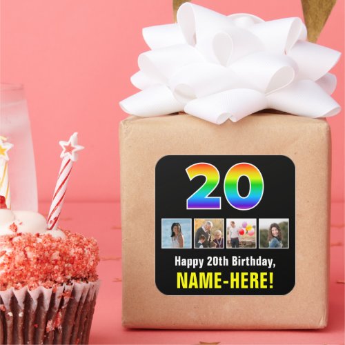 20th Birthday Rainbow 20 Custom Photos  Name Square Sticker