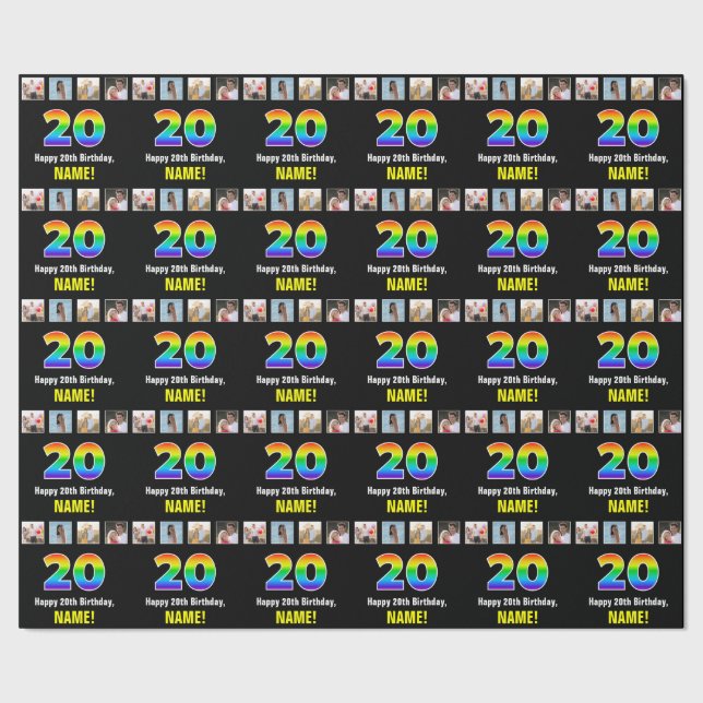 20th Birthday: Rainbow “20“; Custom Photos & Name Wrapping Paper (Seam)