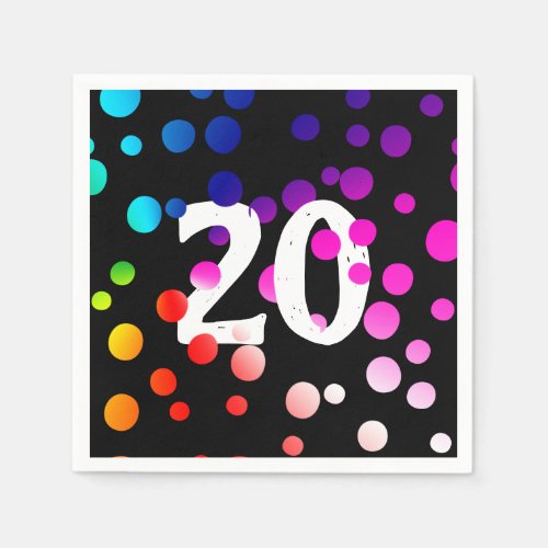 20th Birthday Rainbow Dots on Black Napkins