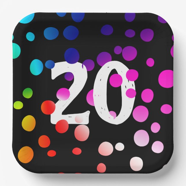 20th Birthday Rainbow Dots on Black  Paper Plates (Front)