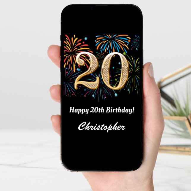 20th Birthday Rainbow Fireworks Black and Gold Card (Front Digital)