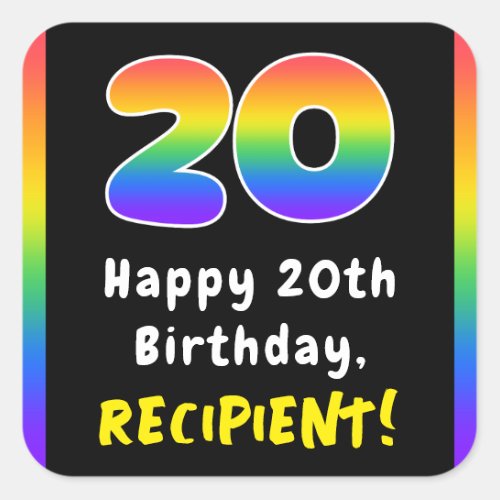 20th Birthday Rainbow Spectrum  20 Custom Name Square Sticker
