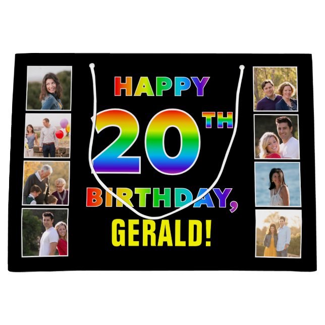 20th Birthday: Rainbow Text, Custom Photos & Name Large Gift Bag (Front)