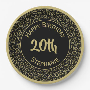 20th Birthday Random Number Pattern 20 Black/Gold Paper Plates