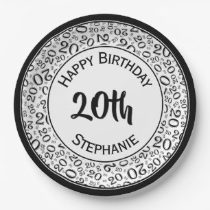 20th Birthday Random Number Pattern 20 Black/White Paper Plates