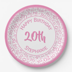 20th Birthday Random Number Pattern 20 Pink/White Paper Plates