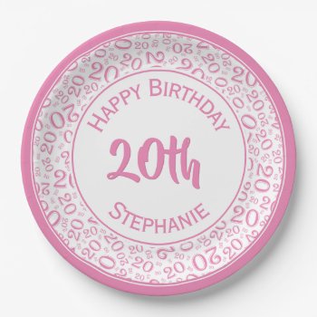 20th Birthday Random Number Pattern 20 Pink/white  Paper Plates by NancyTrippPhotoGifts at Zazzle