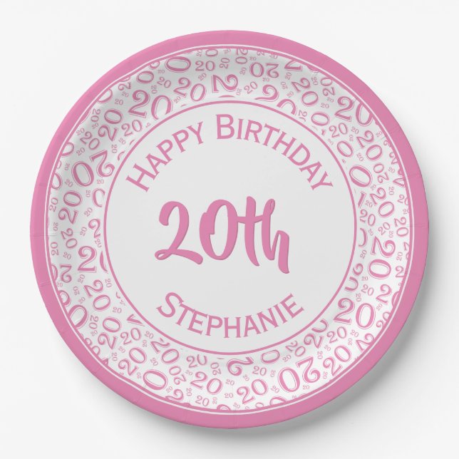 20th Birthday Random Number Pattern 20 Pink/White Paper Plates (Front)