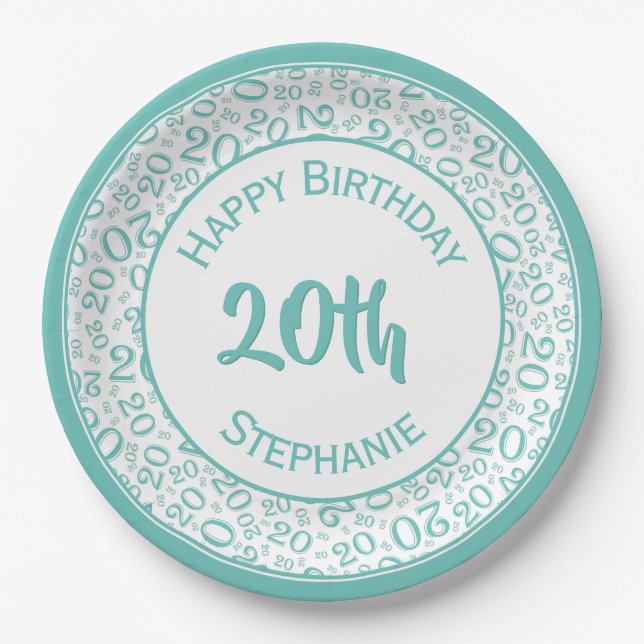 20th Birthday Random Number Pattern 20 Teal/White Paper Plates (Front)