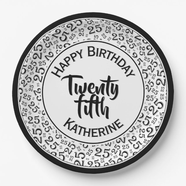 20th Birthday Random Number Pattern 25 Black/White Paper Plates (Front)