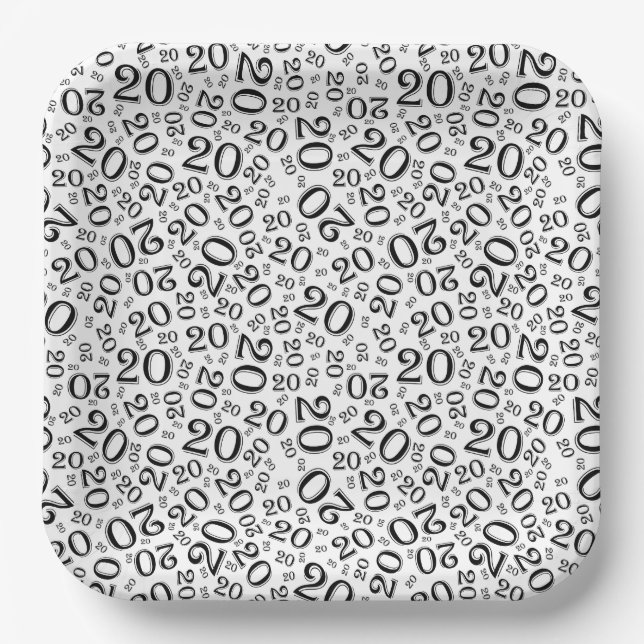 20th Birthday Random Number Pattern Black/White 20 Paper Plates (Front)