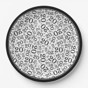 20th Birthday Random Number Pattern Black/White 20 Paper Plates