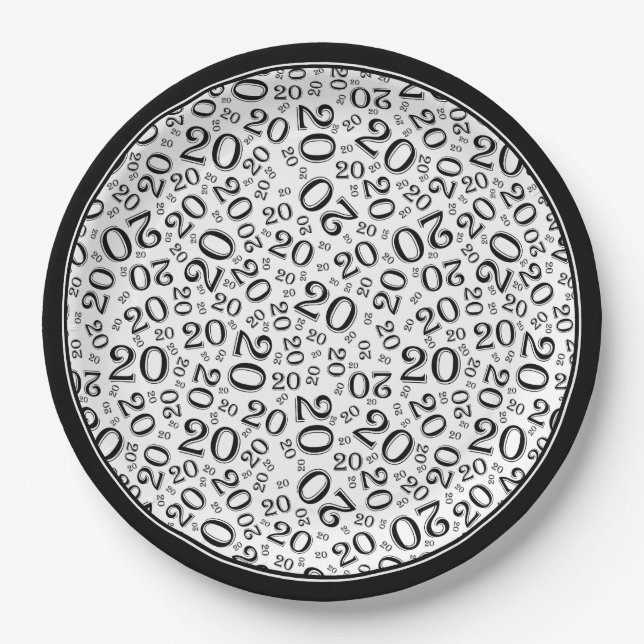 20th Birthday Random Number Pattern Black/White 20 Paper Plates (Front)