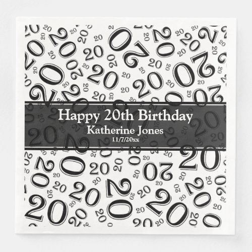 20th Birthday Random Number Pattern BlackWhite Paper Dinner Napkins