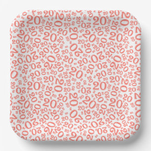 20th Birthday Random Number Pattern Coral/White 20 Paper Plates