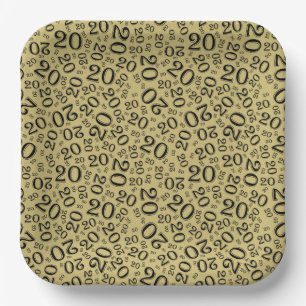 20th Birthday Random Number Pattern Gold/Black 20 Paper Plates