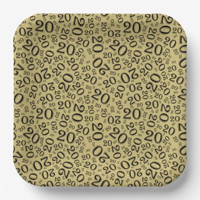 20th Birthday Random Number Pattern Gold/Black 20 Paper Plates (Front)