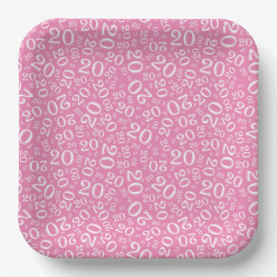 20th Birthday Random Number Pattern Pink/White 20 Paper Plates