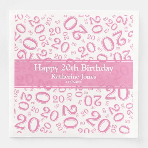 20th Birthday Random Number Pattern PinkWhite Paper Dinner Napkins