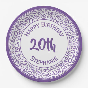 20th Birthday Random Number Pattern Purpel/White Paper Plates